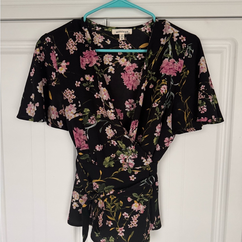 Monteau Black and Pink Wrap Floral Blouse